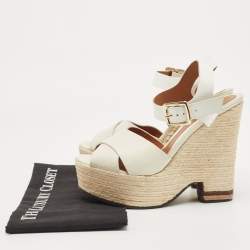 Pre Owned Fendi White Patent Leather and Lizard Embossed Leather Wedge Platform Ankle Strap Sandals Size 40