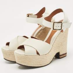 Pre Owned Fendi White Patent Leather and Lizard Embossed Leather Wedge Platform Ankle Strap Sandals Size 40