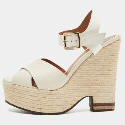 Pre Owned Fendi White Patent Leather and Lizard Embossed Leather Wedge Platform Ankle Strap Sandals Size 40