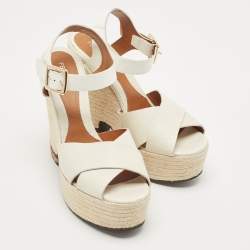 Pre Owned Fendi White Patent Leather and Lizard Embossed Leather Wedge Platform Ankle Strap Sandals Size 40