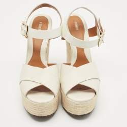 Pre Owned Fendi White Patent Leather and Lizard Embossed Leather Wedge Platform Ankle Strap Sandals Size 40