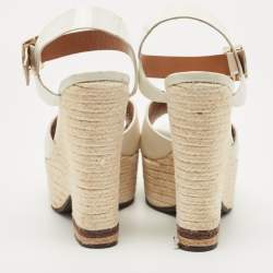 Pre Owned Fendi White Patent Leather and Lizard Embossed Leather Wedge Platform Ankle Strap Sandals Size 40