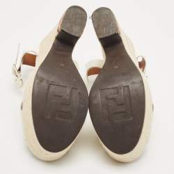 Pre Owned Fendi White Patent Leather and Lizard Embossed Leather Wedge Platform Ankle Strap Sandals Size 40