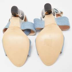 Pre Owned Fendi Blue Denim Buckle Detail Floral Heel Ankle Wrap Sandals Size 39