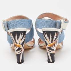 Pre Owned Fendi Blue Denim Buckle Detail Floral Heel Ankle Wrap Sandals Size 39