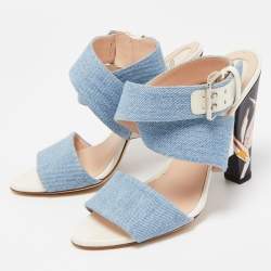 Pre Owned Fendi Blue Denim Buckle Detail Floral Heel Ankle Wrap Sandals Size 39