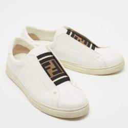 Pre Owned Fendi White/Brown Leather and Zucca Elastic Band Slip On Sneakers Size 40