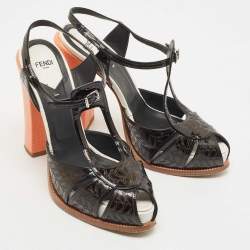 مملوكة مسبقًا Fendi Black/Orange Patent Ankle Strap Sandals Size 40