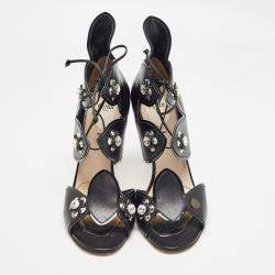 Fendi Black Leather Lace Up Crystal Embellished Sandals Size 40