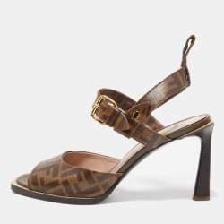 Fendi Brown Zucca Coated Canvas Ankle Strap Sandals Size 39.5