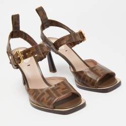 Fendi Brown Zucca Coated Canvas Ankle Strap Sandals Size 39.5