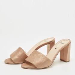 Fendi Beige Satin Logo Embroidered Block Heel Slides Size 37