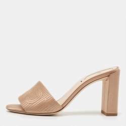 Fendi Beige Satin Logo Embroidered Block Heel Slides Size 37