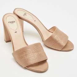 Fendi Beige Satin Logo Embroidered Block Heel Slides Size 37