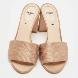 Fendi Beige Satin Logo Embroidered Block Heel Slides Size 37
