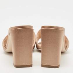 Fendi Beige Satin Logo Embroidered Block Heel Slides Size 37