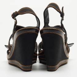 Pre Owned Fendi Black Canvas B Buckle Platform Wedge Sandals Size 39.5