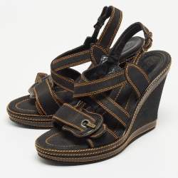 Pre Owned Fendi Black Canvas B Buckle Platform Wedge Sandals Size 39.5