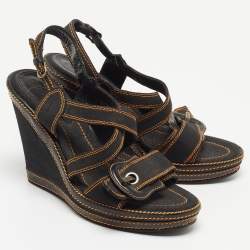 Pre Owned Fendi Black Canvas B Buckle Platform Wedge Sandals Size 39.5