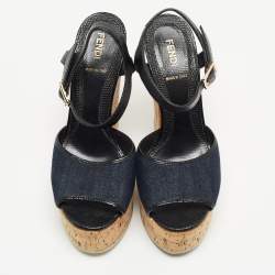 مملوك ة مسبقًا Fendi Navy Blue/Black Denim and Lizard Embossed Leather Cork Wedge Platform Ankle Strap Sandals Size 38