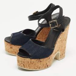 مملوكة مسبقًا Fendi Navy Blue/Black Denim and Lizard Embossed Leather Cork Wedge Platform Ankle Strap Sandals Size 38