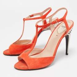 Pre Owned Fendi Orange Suede T-Bar Ankle Strap Sandals Size 39