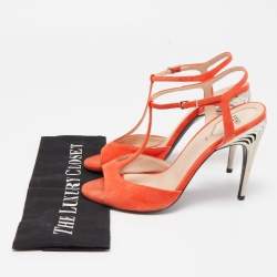 Pre Owned Fendi Orange Suede T-Bar Ankle Strap Sandals Size 39