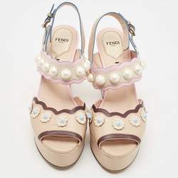 Pre Owned Fendi Pink/Beige Leather Pearl Studded Accents Sandals Size  39
