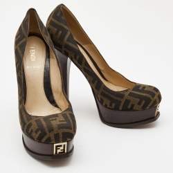 Pre Owned Fendi Brown Tobacco Zucca Canvas Fendista Platform Pumps Size 38.5