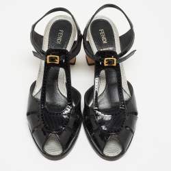 Pre Owned Fendi Black Patent Leather Peep Toe T-Bar Ankle Strap Sandals Size 41
