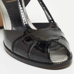 Pre Owned Fendi Black Patent Leather Peep Toe T-Bar Ankle Strap Sandals Size 41