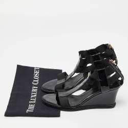 Fendi Black Patent Leather Ankle Strap Wedge Sandals Size 38