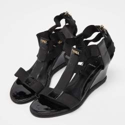 Fendi Black Patent Leather Ankle Strap Wedge Sandals Size 38