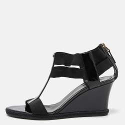 Fendi Black Patent Leather Ankle Strap Wedge Sandals Size 38