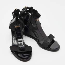Fendi Black Patent Leather Ankle Strap Wedge Sandals Size 38