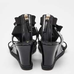 Fendi Black Patent Leather Ankle Strap Wedge Sandals Size 38