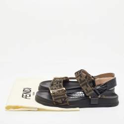 Fendi Brown/Black Zucca Canvas and Croc Embossed Leather Flat Sandals Size 40