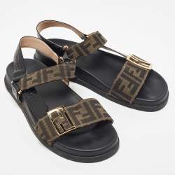 Fendi Brown/Black Zucca Canvas and Croc Embossed Leather Flat Sandals Size 40