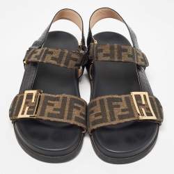 Fendi Brown/Black Zucca Canvas and Croc Embossed Leather Flat Sandals Size 40