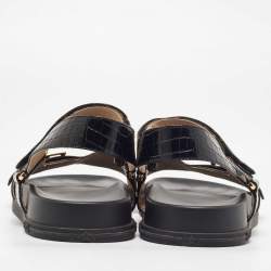 Fendi Brown/Black Zucca Canvas and Croc Embossed Leather Flat Sandals Size 40