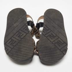 Fendi Brown/Black Zucca Canvas and Croc Embossed Leather Flat Sandals Size 40