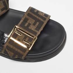 Fendi Brown/Black Zucca Canvas and Croc Embossed Leather Flat Sandals Size 40