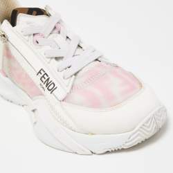Pre Owned Fendi White/Pink Leather and Zucca Mesh Low Top Sneakers Size 36