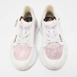 Pre Owned Fendi White/Pink Leather and Zucca Mesh Low Top Sneakers Size 36