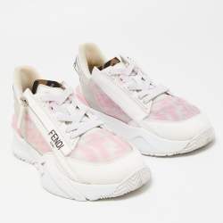 Pre Owned Fendi White/Pink Leather and Zucca Mesh Low Top Sneakers Size 36