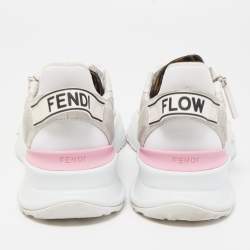 Pre Owned Fendi White/Pink Leather and Zucca Mesh Low Top Sneakers Size 36