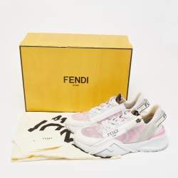 Pre Owned Fendi White/Pink Leather and Zucca Mesh Low Top Sneakers Size 36