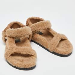 Fendi Brown Shearling Fur Ankle Strap Flat Sandals Size 40