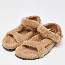 Fendi Brown Shearling Fur Ankle Strap Flat Sandals Size 40