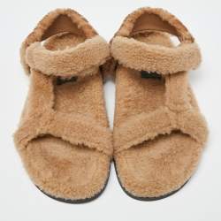 Fendi Brown Shearling Fur Ankle Strap Flat Sandals Size 40